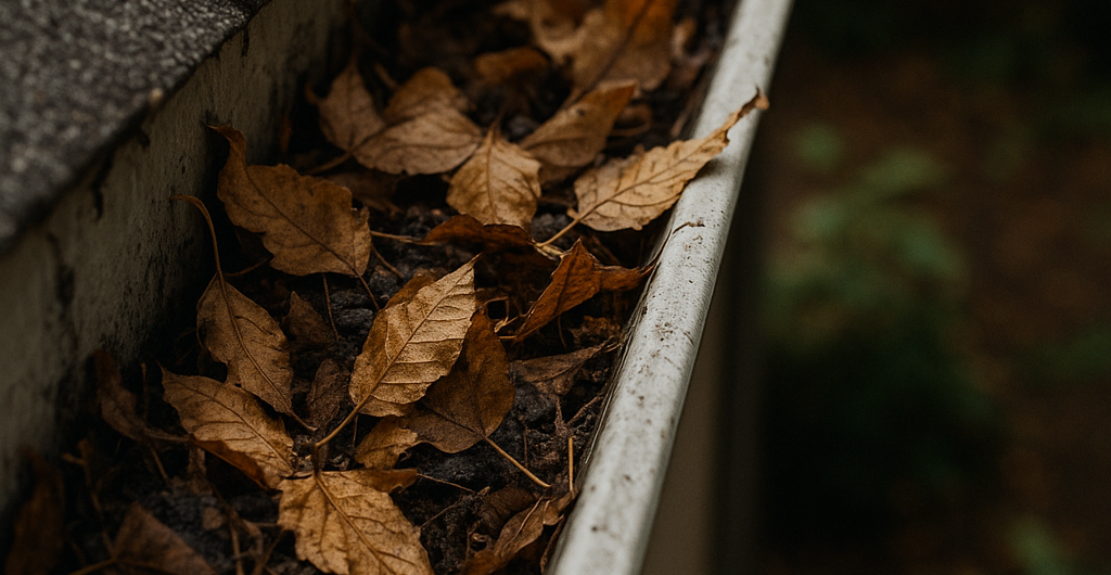 A close-up of a clogged gutter filled with leaves and debris gutter cleaning in greenville nc